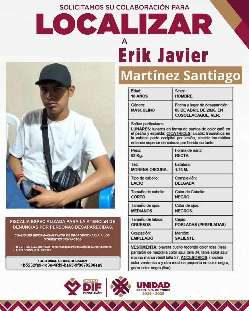 DIF Coatzacoalcos pide ayuda para localizar a Erik Javier, joven de 18 años desaparecido en Cosoleacaque