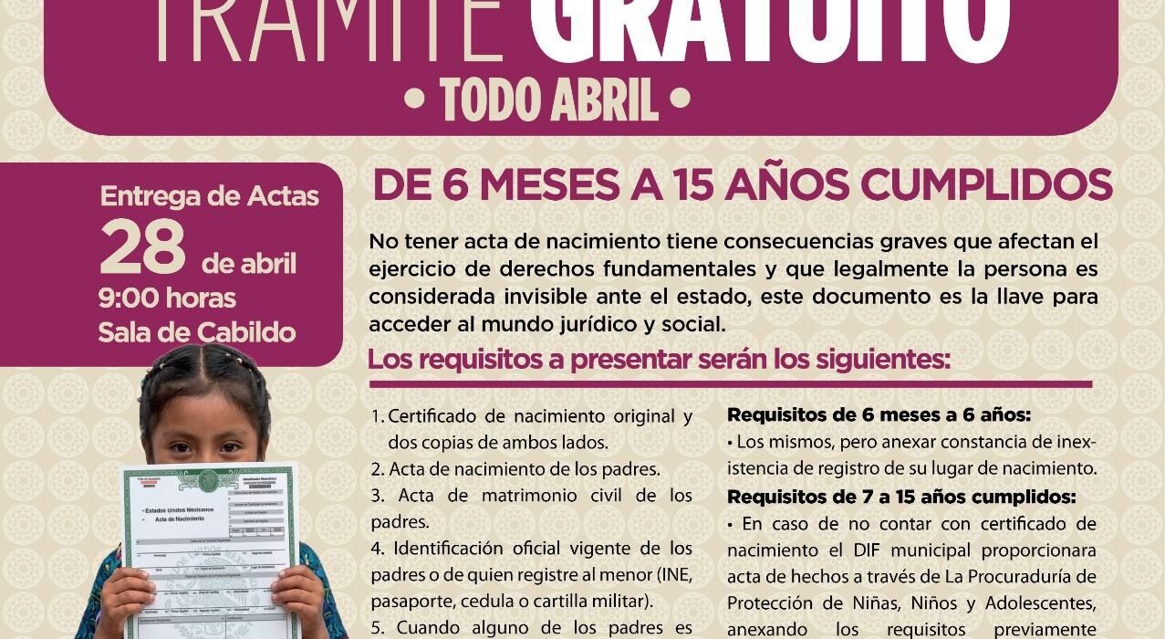 Actas de nacimiento gratuito para menores de 6 meses a 15 años en Coatzacoalcos del 20 al 24 de abril