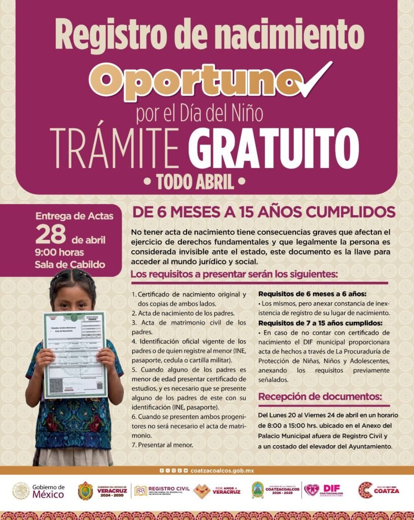 Actas de nacimiento gratuito para menores de 6 meses a 15 años en Coatzacoalcos del 20 al 24 de abril