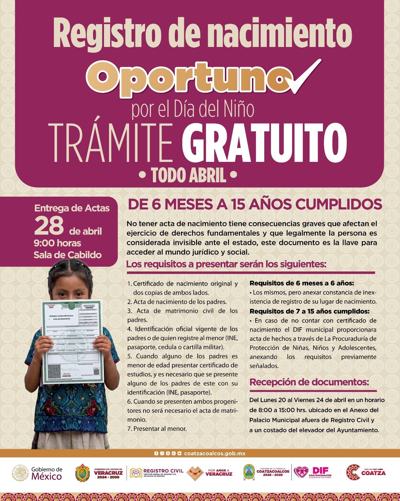 Actas de nacimiento gratuito para menores de 6 meses a 15 años en Coatzacoalcos del 20 al 24 de abril