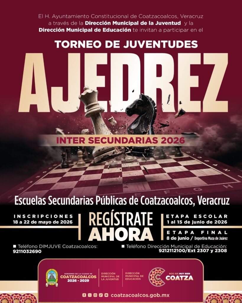 Lanzan convocatoria para el Torneo Escolar de Ajedrez Intersecundarias Públicas 2026 en Coatzacoalcos