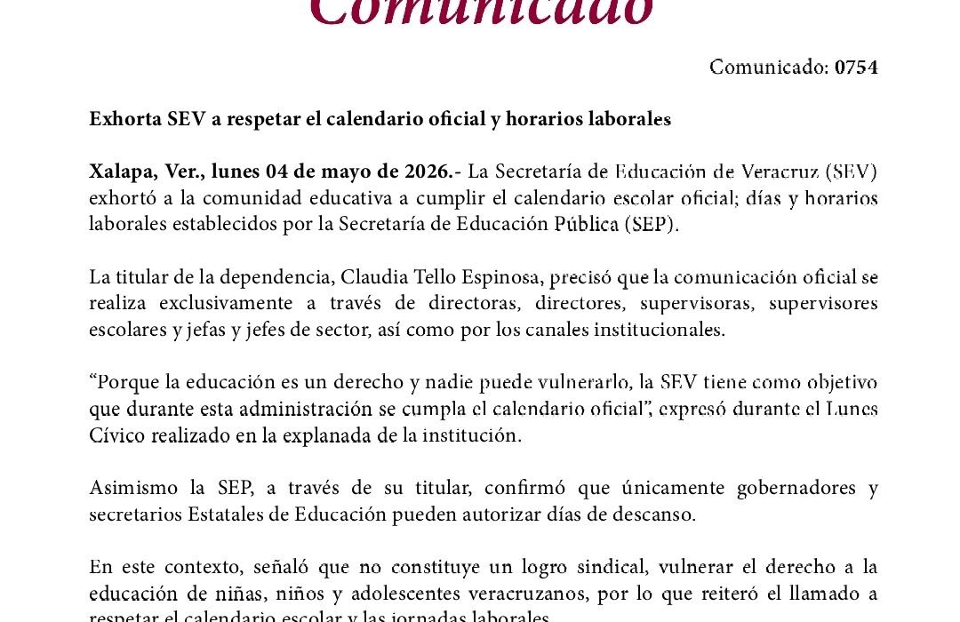 Exhorta SEV a respetar el calendario oficial y horarios laborales