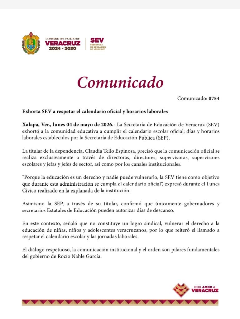 Exhorta SEV a respetar el calendario oficial y horarios laborales
