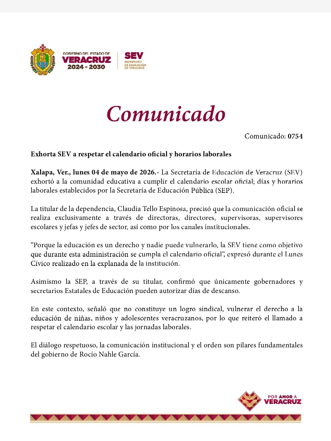 Exhorta SEV a respetar el calendario oficial y horarios laborales