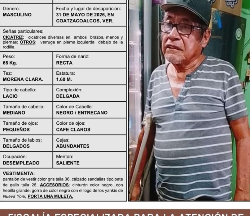 DIF y FGE solicitan colaboración ciudadana para localizar a adulto mayor extraviado en Coatzacoalcos