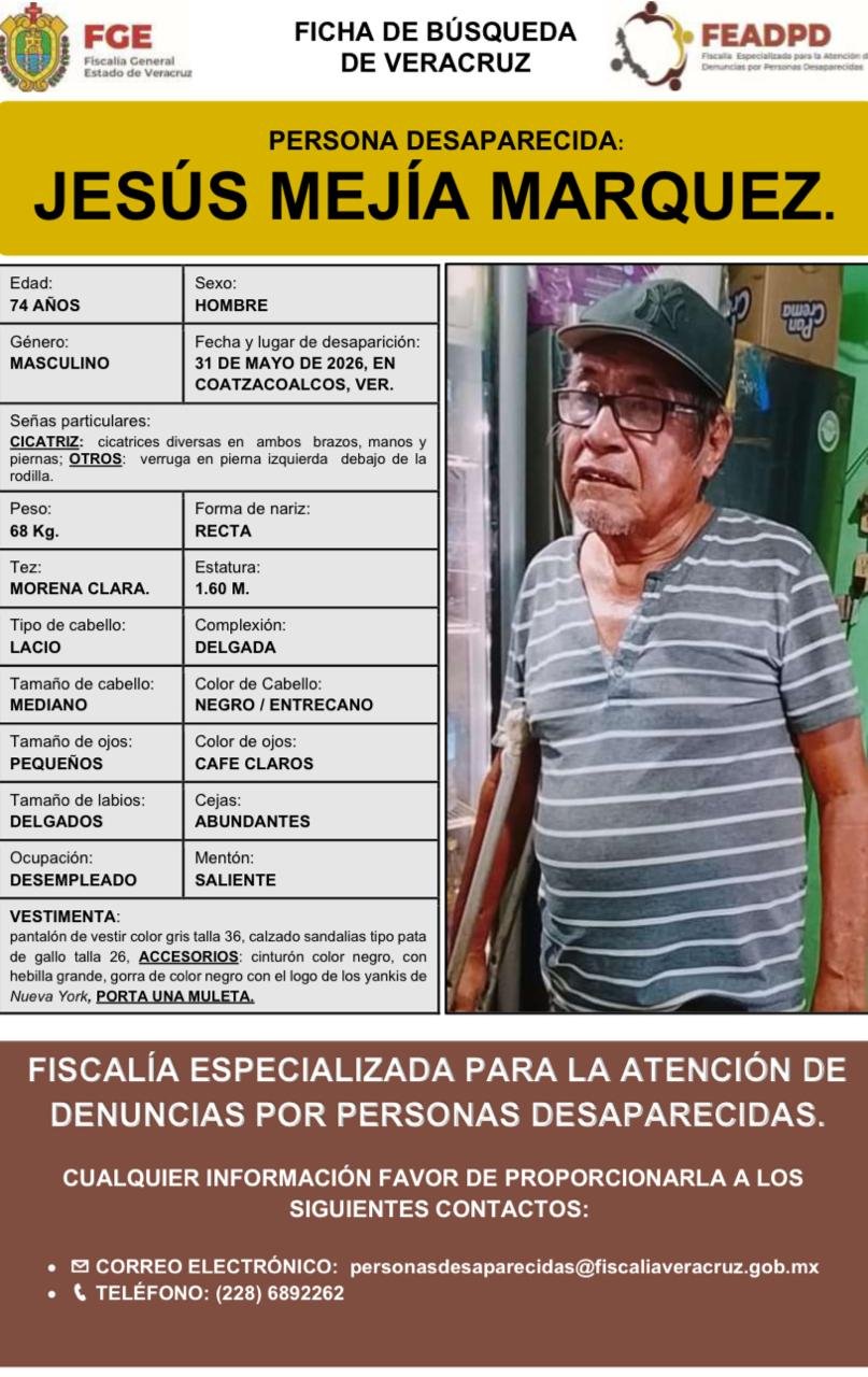 DIF y FGE solicitan colaboración ciudadana para localizar a adulto mayor extraviado en Coatzacoalcos