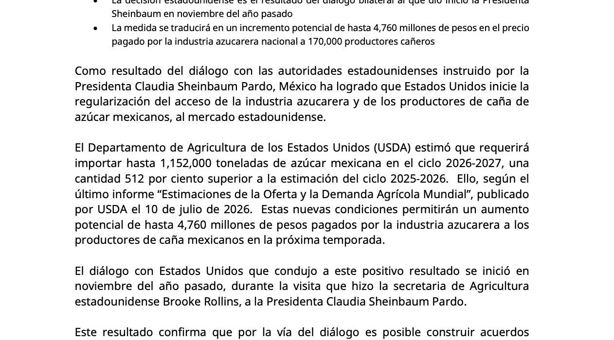 SE RECUPERA EL ACCESO DE AZÚCAR MEXICANA AL MERCADO DE EUA*