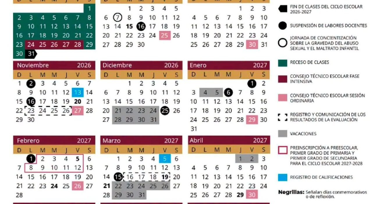 Da a conocer SEV Calendario Escolar 2026-2027; inicia el 31 de agosto