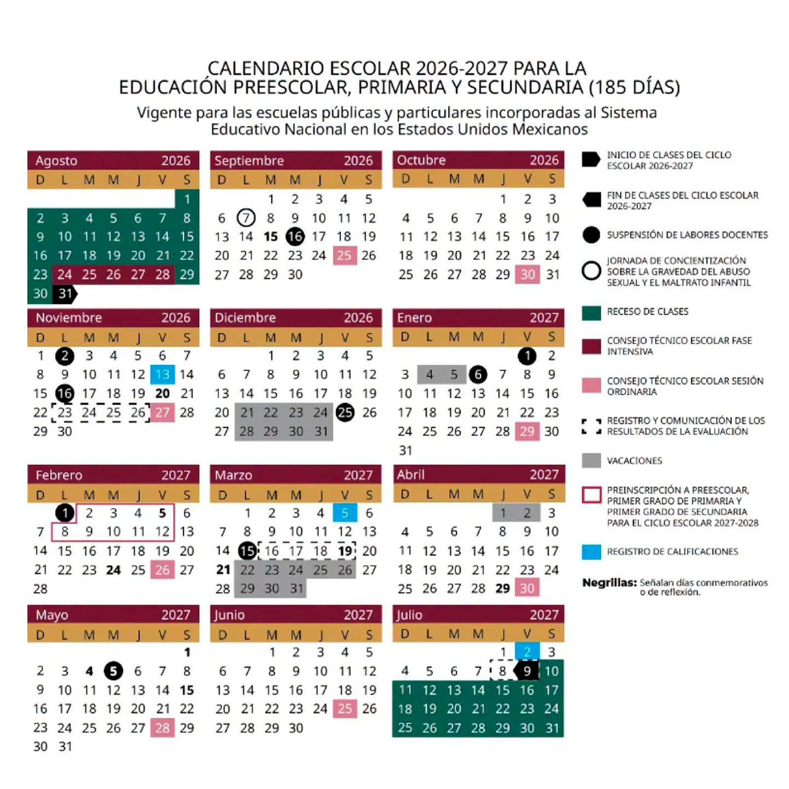 Da a conocer SEV Calendario Escolar 2026-2027; inicia el 31 de agosto